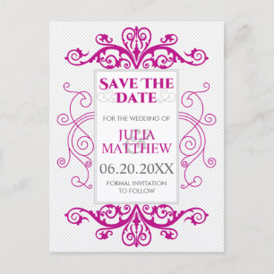 Cartão Postal De Anúncio Magenta Vintage Swirls Casando Salvo A Data