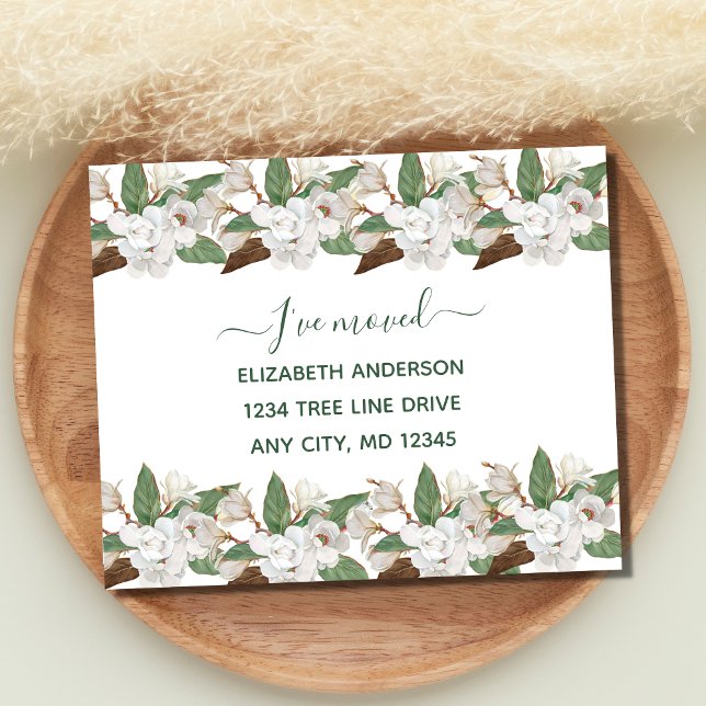 Cartão Postal De Anúncio Magnólias Florais Brancas em Rótulo de Mudança com (White Magnolia Floral Moving Post card.)