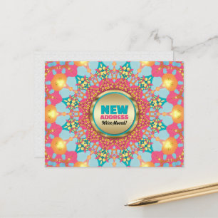 Cartão Postal De Anúncio Mandala Azul Rosa Mudamos Endereço Novo