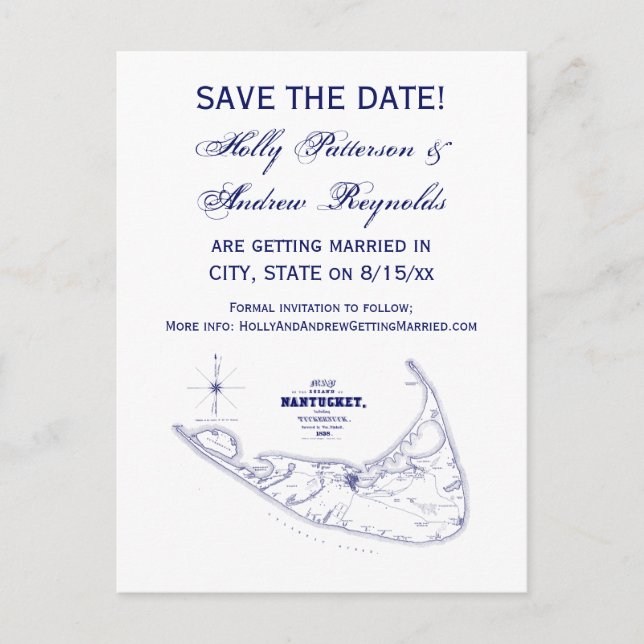 Cartão Postal De Anúncio Mapa Antigo da Ilha Nantucket MA Azul Marinho (Frente)