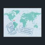 Cartão Postal De Anúncio Mapa de Aniversário de Destino Salve a Data<br><div class="desc">Mova o coração para o local da festa de aniversário de destino no mapa mundial, cartão postal para salvar a data, depois escolha o fundo, o mapa e as cores do texto para combinar com o tema de viagem ou a paleta de cores da festa de aniversário. A arte personalizada...</div>