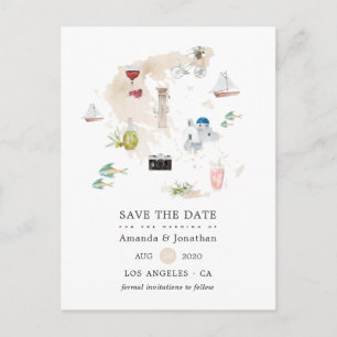 Cartão Postal De Anúncio Mapa de aquarela do casamento de destino da Grécia