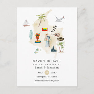 Cartão Postal De Anúncio Mapa de Colômbia Casamento de Destino em Cartagena