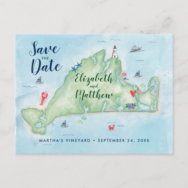 Cartão Postal De Anúncio Mapa de Edgartown Marthas Vineyard Salvar a Data (Frente)