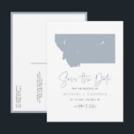 Cartão Postal De Anúncio Mapa de Montana Azul Empoeirado Código QR Salvar a<br><div class="desc">Anuncie o seu casamento em Montana de uma forma ousada e moderna com este cartão postal de aviso prévio com código QR, apresentando uma silhueta elegante do mapa do estado de Montana. Perfeito para casais que planejam um casamento nas paisagens deslumbrantes de Montana, seja nas vastas planícies, nas majestosas Montanhas...</div>