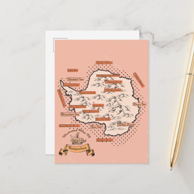 Cartão Postal De Anúncio Mapa de viagem ilustrado Antártida (Frente/Verso In Situ)
