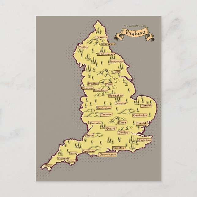 Cartão Postal De Anúncio Mapa de viagem ilustrado da Inglaterra (Frente)