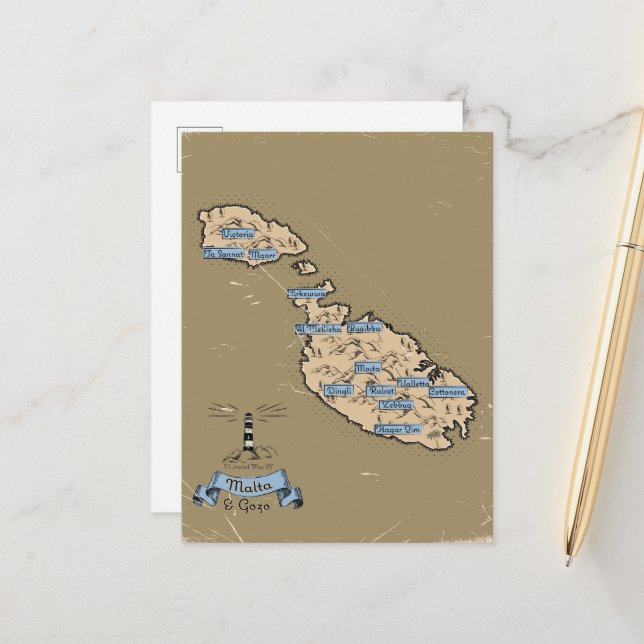 Cartão Postal De Anúncio Mapa de viagem ilustrado Malta (Frente/Verso In Situ)