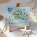 Cartão Postal De Anúncio Mapa de Vinha Marthas da Aquarela Salvar a Data<br><div class="desc">Este é um mapa de aquarelas pintado manualmente do Vineyard de Martha com pouco trabalho de arte. Para obter informações sobre alterações de design personalizadas pelo designer independente,  envie um email para paula@labellarue.com ANTES de personalizar ou fazer um pedido.</div>