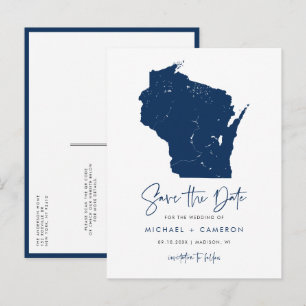 Cartão Postal De Anúncio Mapa de Wisconsin em Azul Marinho Código QR Salve 