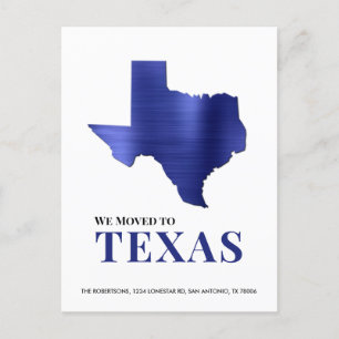 Cartão Postal De Anúncio Mapa do Texas em Metal Escovado Azul Novo Endereço