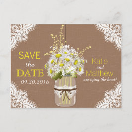 Cartão Postal De Anúncio Margaridas Rústicas e Renda Save the Date