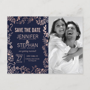 Cartão Postal De Anúncio Marinho Azul Dourado Rosa Elegante Guarde as Datas