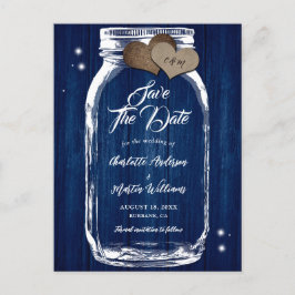 Cartão Postal De Anúncio Marinho Azul Mason Jar Wood Casamento Salvar Data