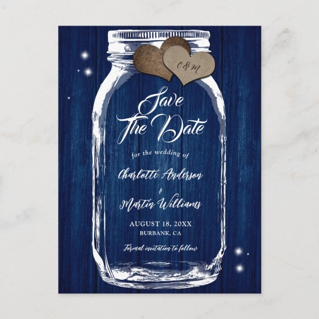 Cartão Postal De Anúncio Marinho Azul Mason Jar Wood Casamento Salvar Data (Frente)