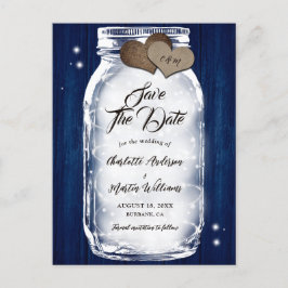Cartão Postal De Anúncio Marinho Azul Mason Jar Wood String Luzes Casamento