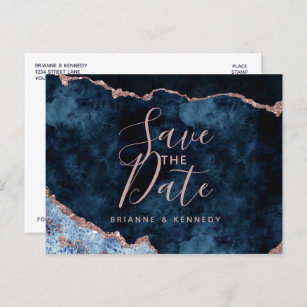 Cartão Postal De Anúncio Marinho Azul Rosa Dourado mármore de agate salvar 