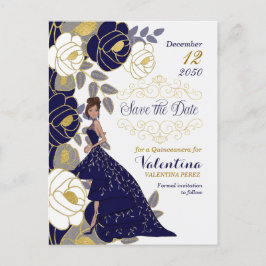 Cartão Postal De Anúncio Marinho Blue Floral Quincanera Salvar a Data