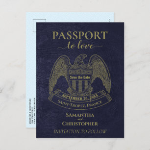 Cartão Postal De Anúncio Marinho Blue Passport Fun Casamento Salve a Data