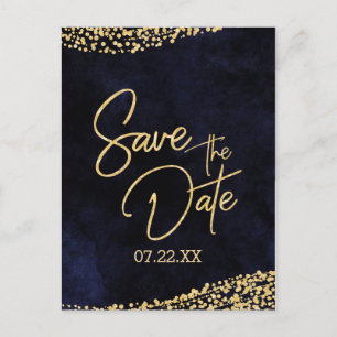 Cartão Postal De Anúncio Marinho Blue Watercolor & Dourado Casamento Salvar