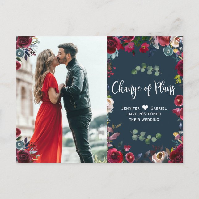 Cartão Postal De Anúncio Marinho Borgonha Foto Floral Adiada Casamento (Frente)
