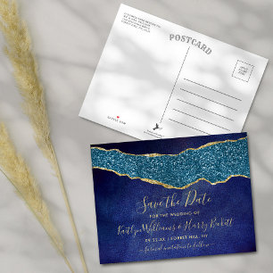Cartão Postal De Anúncio Marinho Elegante Blue Agate Casamento Salvar a Dat