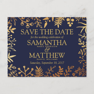 Cartão Postal De Anúncio Marinho Elegante E Casamento Floral Dourado Salve 