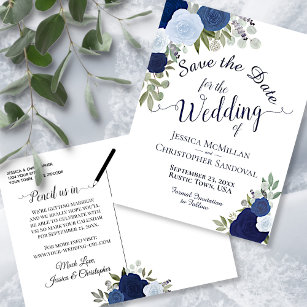 Cartão Postal De Anúncio Marinho Elegante e Rosas Azuis Casamento Salve a D