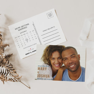 Cartão Postal De Anúncio Marinho Foto Casamento Salvar o Calendário de Data