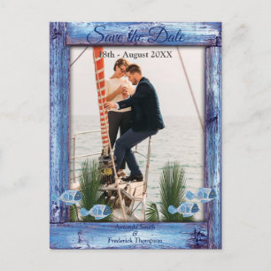 Cartão Postal De Anúncio Marinho - Madeira texturizada azul e peixes Salvem