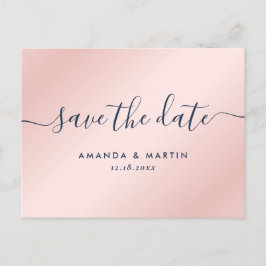 Cartão Postal De Anúncio Marinho Moderno Azul e Blush Casamento Salve a Dat