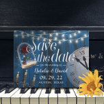 Cartão Postal De Anúncio Marinho Rustic Fairytale Salve a Data<br><div class="desc">Casamento de Fairytale Rústico Marinho Azul-Celeiro Candelabra e Clock Salve os Anúncios de Data.</div>