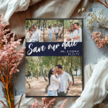 Cartão Postal De Anúncio Marinho Script 4 Fotos Casamento Salve Nossa Data<br><div class="desc">Salve o cartão postal de data que você pode personalizar com quatro de suas próprias fotos,  três menores e uma maiores. Salve nossa data na diagonal do cartão-postal em um script branco contra um fundo azul marinho. Adicione seus nomes e data de casamento em uma fonte limpa.</div>