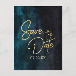 Cartão Postal De Anúncio Marinho Teal Watercolor e Dourado Casamento Guarde