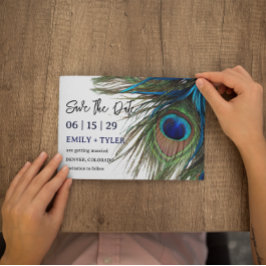 Cartão Postal De Anúncio Marinho Turquoise Peacock Feather Boho Salvar Data