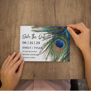 Cartão Postal De Anúncio Marinho Turquoise Peacock Feather Boho Salvar Data