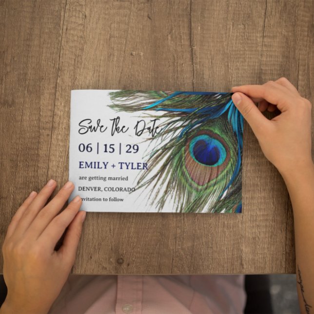 Cartão Postal De Anúncio Marinho Turquoise Peacock Feather Boho Salvar Data (Criador carregado)