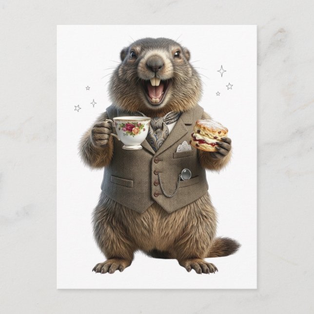 Cartão Postal De Anúncio Marmota Bebendo Chá (Frente)