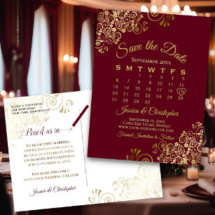 Cartão Postal De Anúncio Maroon & Dourado Casamento Salvar o Calendário de 