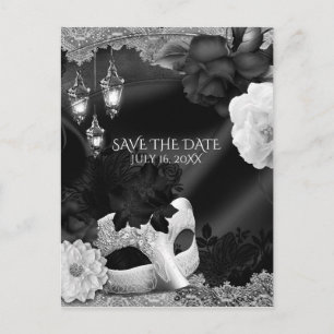 Cartão Postal De Anúncio Máscara Elegante Preto e Branco Save the Date
