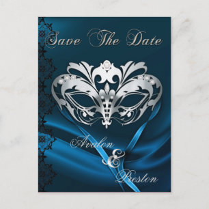 Cartão Postal De Anúncio Máscara Prateada Jóia Azul Save The Date
