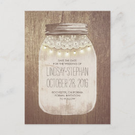 Cartão Postal De Anúncio Mason Jar Rustic Lace & Lights Salvar Data
