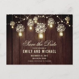 Cartão Postal De Anúncio Mason jar string light lace rustic salvar data