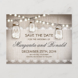 Cartão Postal De Anúncio Mason Jars e burlap Lace Salvem a Data