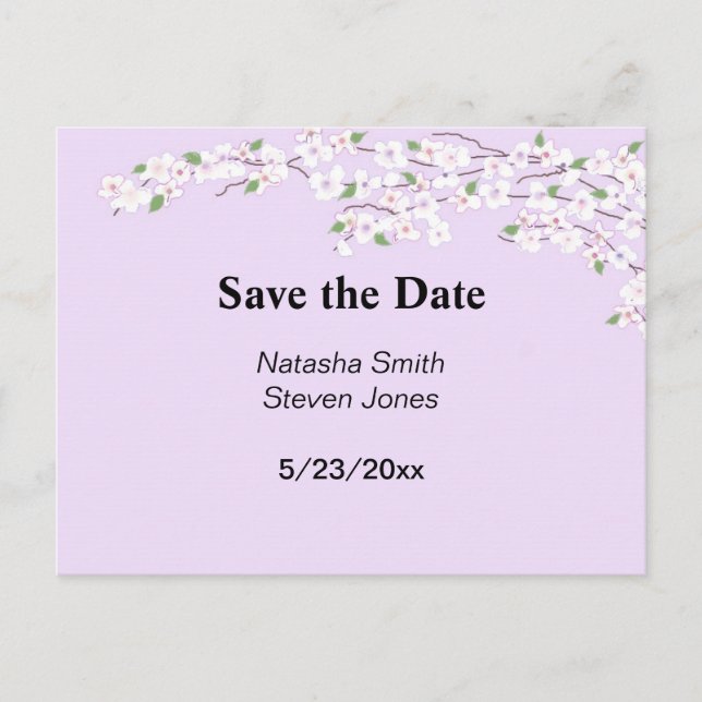 Cartão Postal De Anúncio Mauve e Flores Brancas Salve a Data (Frente)