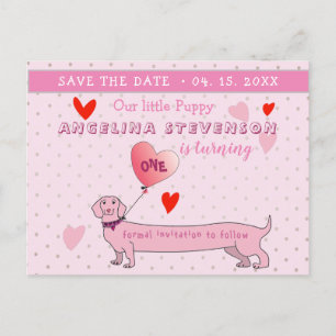 Cartão Postal De Anúncio Menina de 1º Aniversário Rosa Salvar a Data