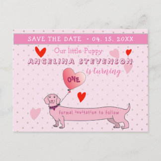 Cartão Postal De Anúncio Menina de 1º Aniversário Rosa Salvar a Data