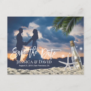 Cartão Postal De Anúncio Mensagem de Casamento na Praia em uma Garrafa Save