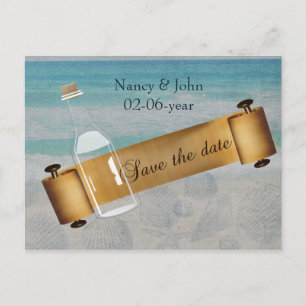 Cartão Postal De Anúncio Mensagem em um casamento de praia da garrafa