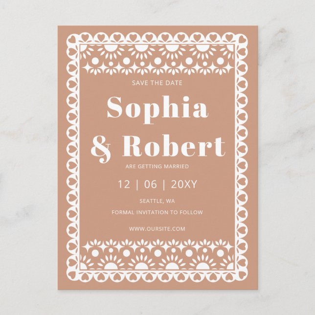 Cartão Postal De Anúncio Mexicano Fiesta Barro Papel Picado Salve a Data (Frente)